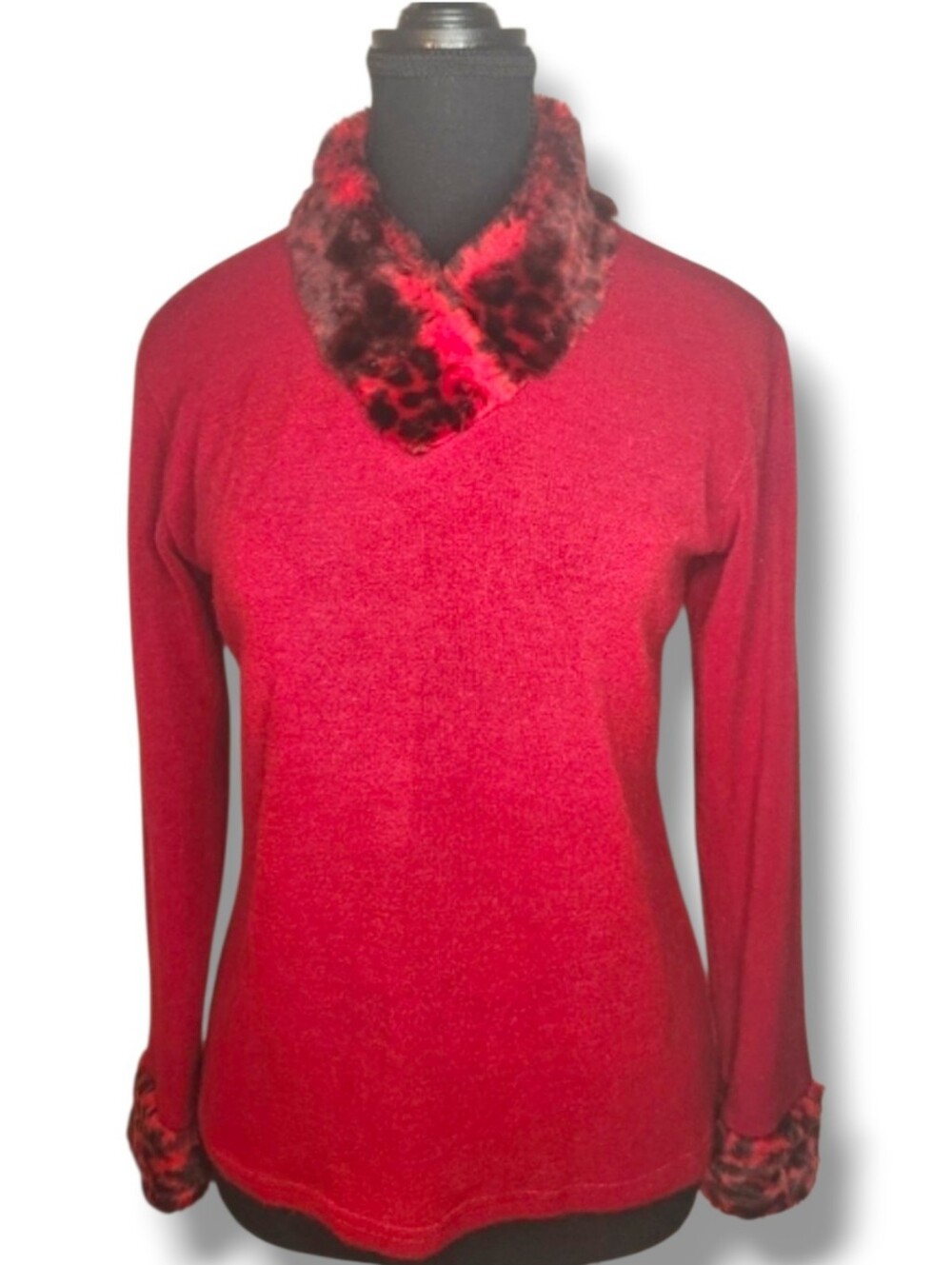 Faux-fur Leopard Print Collar/Cuffs - Women's Red Sweater